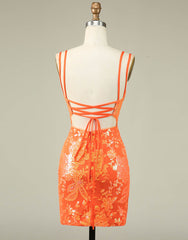 Homecoming Dresses For Middle School, Orange Double Spaghetti Straps Glitter SequinTight Homecoming Dress