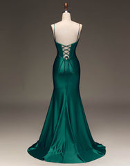 Prom Dressed Long, Simple Dark Green Spaghetti Straps Lace Up Long Tight Satin Prom Dress