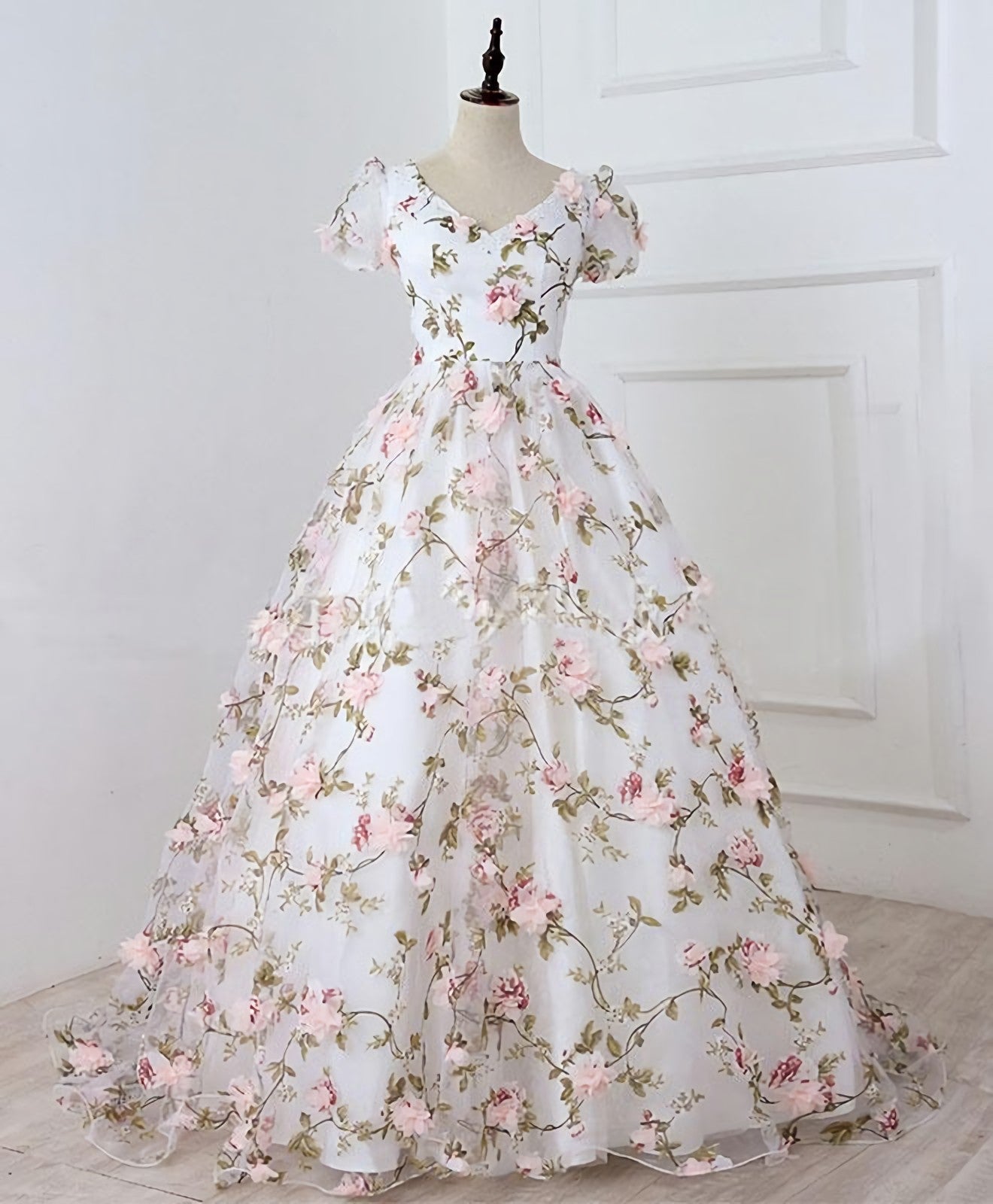 Prom Dresses Brands, White V Neck 3D Flowers Long Prom Dress, White Evening Dress
