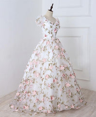 Prom Dress Brands, White V Neck 3D Flowers Long Prom Dress, White Evening Dress