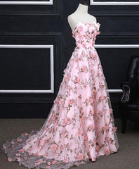 Homecoming Dress Beautiful, Pink Tulle 3D Flowers Long Prom Dress, Pink Evening Dress