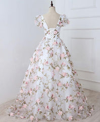 Prom Dresses For 039, White V Neck 3D Flowers Long Prom Dress, White Evening Dress