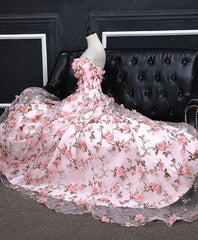 Homecoming Dresses Beautiful, Pink Tulle 3D Flowers Long Prom Dress, Pink Evening Dress