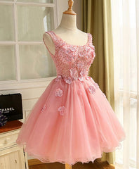 Formal Dress Attire For Wedding, Cute A Line Pink Tulle Pearl Short Prom Dress, Homecoming Dress