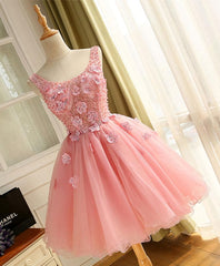 Formal Dresses For Wedding Guests, Cute A Line Pink Tulle Pearl Short Prom Dress, Homecoming Dress