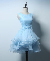 Chiffon Dress, Cute Blue A Line Short Prom Dress, Blue Evening Dress