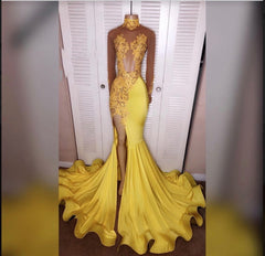 Formal Dress Inspo, 2024 Junoesque Yellow Split Mermaid/Trumpet Long Sleeve Satin Prom Dresses