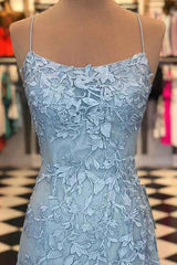 Prom Dresses Uk, Blue Spaghetti Straps Backless Appliques Prom Dress
