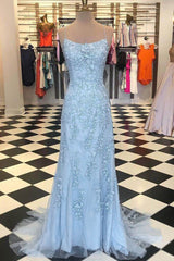Prom Dresses Under 73, Blue Spaghetti Straps Backless Appliques Prom Dress