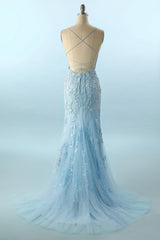 Prom Dress 2046, Blue Spaghetti Straps Backless Appliques Prom Dress