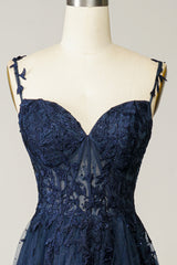 Party Dress For Couple, A Line Spaghetti Straps Navy Prom Dress with Appliques
