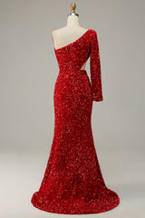 Wedding Color Schemes, Mermaid One Shoulder Red Sequins Cut Out Prom Dress with Slit Front