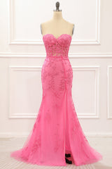 Prom Dresses Orange, Hot Pink Tulle Lace-up Back Mermaid Prom Dress with Appliques