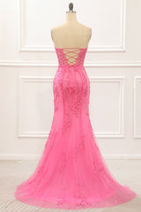 Wedding Guest Dress, Hot Pink Tulle Lace-up Back Mermaid Prom Dress with Appliques