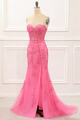 Prom Dresses 2028 Black Girl, Hot Pink Tulle Lace-up Back Mermaid Prom Dress with Appliques