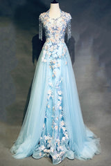 Bridesmaid Dresses Champagne, Modest Square Neckline Beading Appliques Sky Blue Long Prom Dresses Pageant Gown