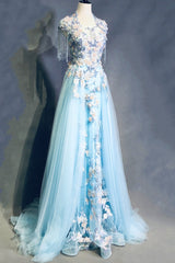 Bridesmaids Dresses Color Palettes, Modest Square Neckline Beading Appliques Sky Blue Long Prom Dresses Pageant Gown
