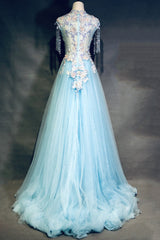 Bridesmaid Dress Color Palettes, Modest Square Neckline Beading Appliques Sky Blue Long Prom Dresses Pageant Gown
