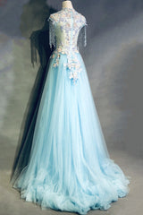 Bridesmaid Dresses Color Palette, Modest Square Neckline Beading Appliques Sky Blue Long Prom Dresses Pageant Gown