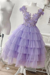 Prom Dress Patterns, A-line Applique Lilac Tulle Short Homecoming Dresses With Layered