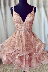 Bridesmaids Dresses Summer Wedding, Cute Sequins Pink Homecoming Dresses V-neck Beaded Short Prom Dresses