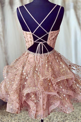 Bridesmaid Dresses Winter, Cute Sequins Pink Homecoming Dresses V-neck Beaded Short Prom Dresses