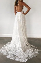 Wedding Dresses Different, Charming Ivory Lace A Line Spaghetti Straps Backless Side Slit Beach Wedding Dresses