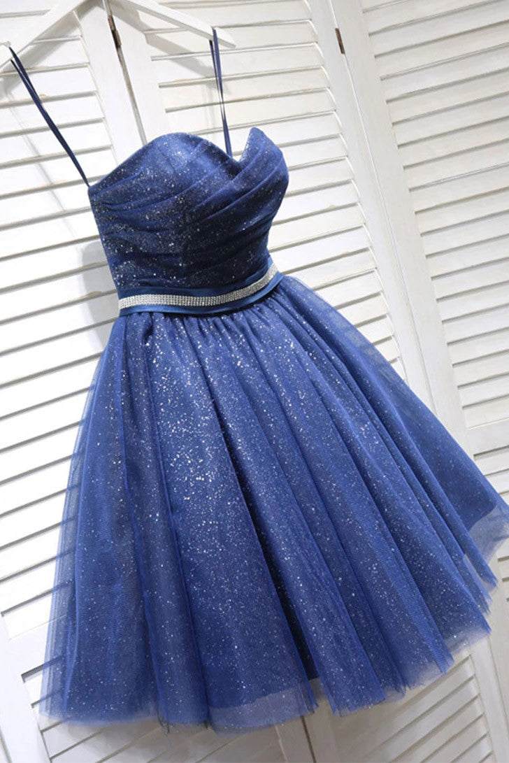Party Dresses For Christmas Party, Glitter Sweetheart Blue Short Prom Homecoming Dresses With Beading