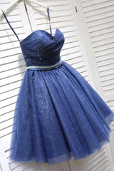 Party Dresses For Christmas Party, Glitter Sweetheart Blue Short Prom Homecoming Dresses With Beading