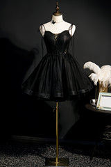Prom Dress Black, Elegant Black Spaghetti Straps Tulle Short Homecoming Dresses