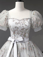 Prom Dress 2041, Gray Tulle Sequins Long Prom Dress, A-Line Short Sleeve Evening Dress