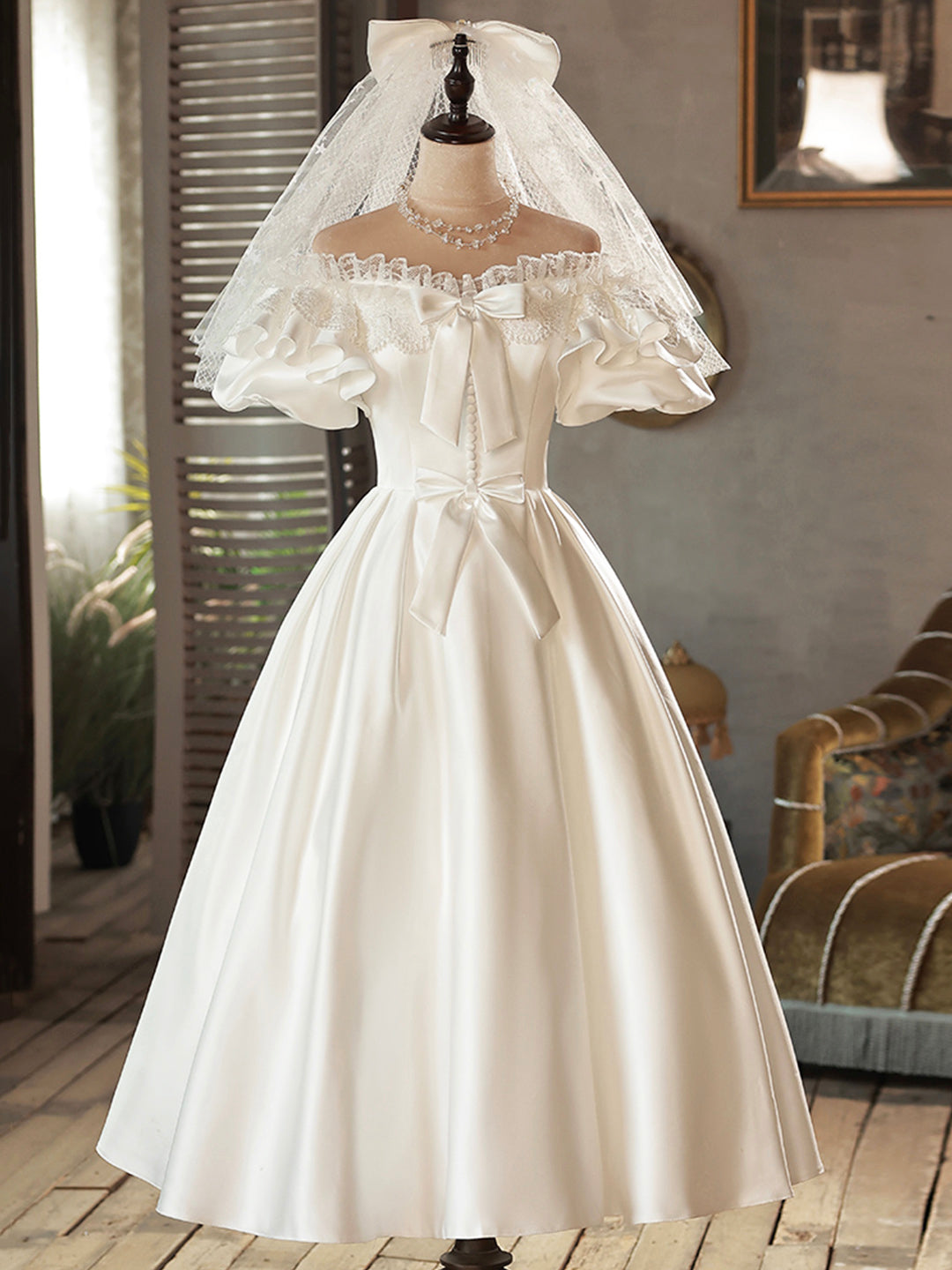 Wedding Dresses Girls, White Satin Lace Short Prom Dress, White Evening Dress, Wedding Dress