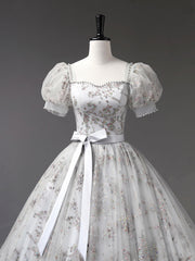 Prom Dress Idea, Gray Tulle Sequins Long Prom Dress, A-Line Short Sleeve Evening Dress