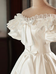Wedding Dress Girls, White Satin Lace Short Prom Dress, White Evening Dress, Wedding Dress