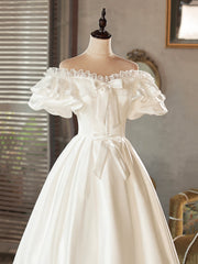 Wedding Dress Girl, White Satin Lace Short Prom Dress, White Evening Dress, Wedding Dress