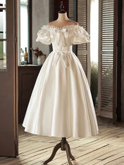 Wedding Dresses Girl, White Satin Lace Short Prom Dress, White Evening Dress, Wedding Dress