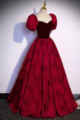 Dress To Wear To A Wedding, Burgundy Velvet Long A-Line Prom Dress, Short Sleeve Evening Dress