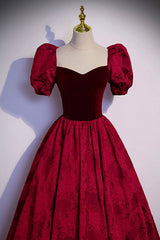 Dance Dress, Burgundy Velvet Long A-Line Prom Dress, Short Sleeve Evening Dress