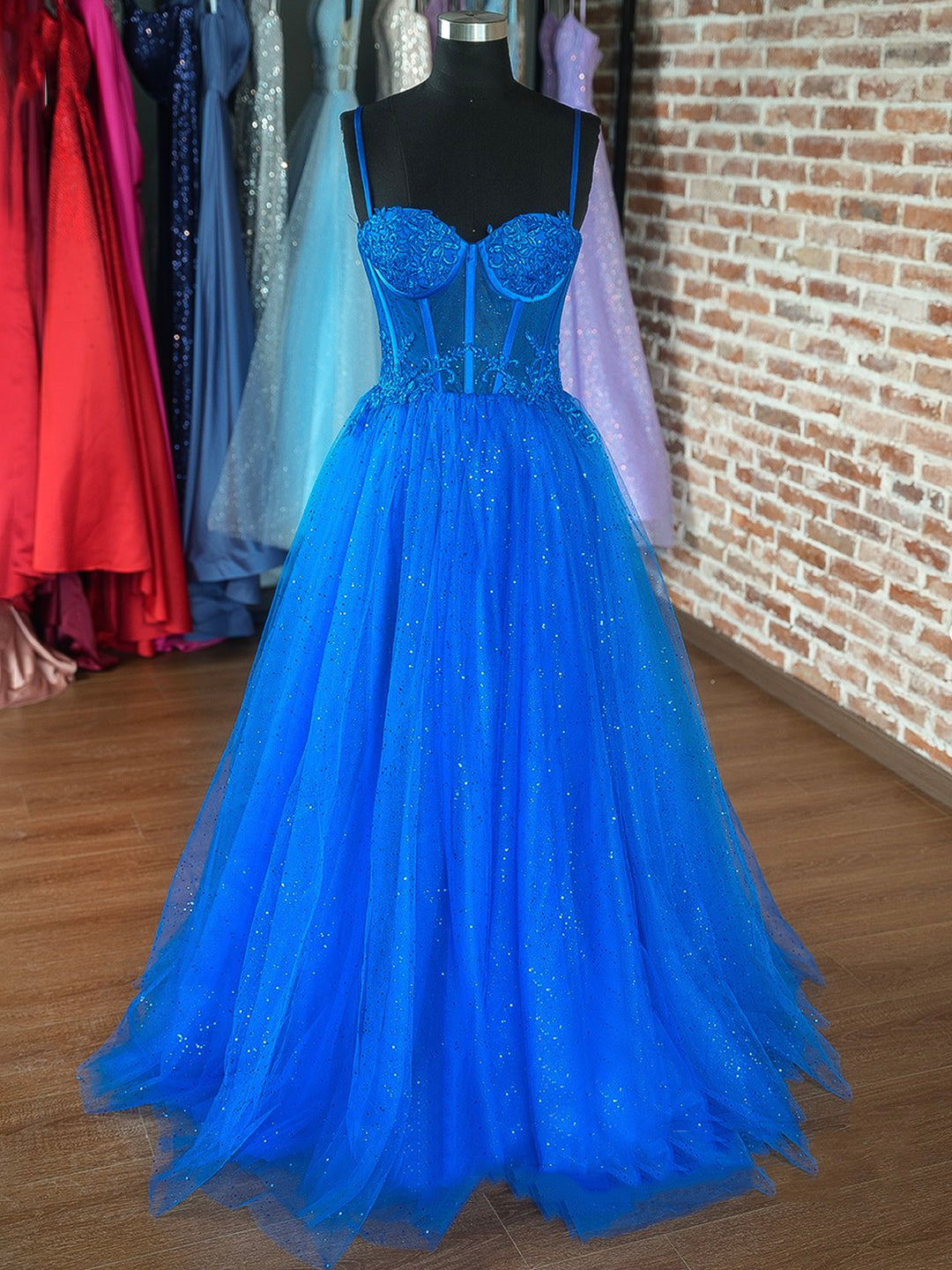 Party Dress Dresses, Blue Spaghetti Strap Tulle Formal Dress, Blue Evening Dress with Lace