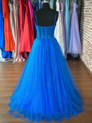 Party Dress Dress, Blue Spaghetti Strap Tulle Formal Dress, Blue Evening Dress with Lace