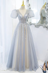 Prom Dressed Long, Gray Tulle Beading Long Prom Dresses, A-Line Short Sleeve Formal Evening Dresses
