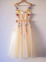 Evening Dress Shopping, Champagne Corset Floral Tulle Party Dress, Cute A-Line Homecoming Dress