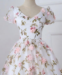 Prom Dresses Brand, White V Neck 3D Flowers Long Prom Dress, White Evening Dress