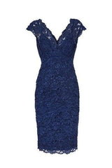 Gown Dress Elegant, Sexy V Neck Navy Blue Lace Short Mother of the Bride Dress