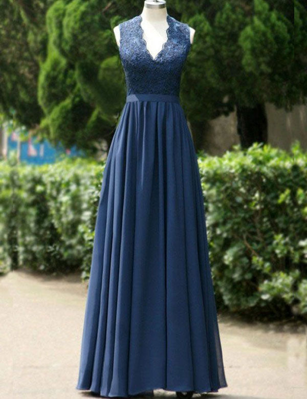 Prom Dresse Long, Modest A-Line Navy Blue Long Chiffon Bridesmaid Dress
