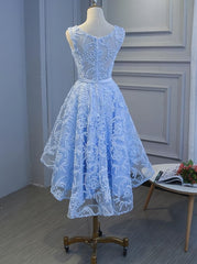 Ranch Dress, Light Blue High Low Homecoming Dresses, Blue Party Dress With Belt Cute Formal Dresse