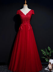 Dress Ideas, Red Tulle Cap Sleeves Long Prom Dress 2024 A Line Party Dress