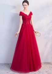 Functional Dress, Red Tulle Cap Sleeves Long Prom Dress 2024 A Line Party Dress