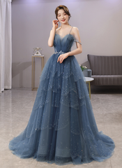 Formal Dresses Online, Blue Shiny Tulle Layers Straps Beaded Long Prom Dress, A Line Chic Evening Dress