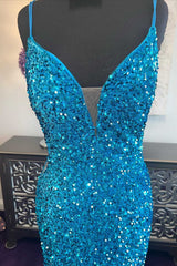 Bridesmaids Dress Blue, Blue Sequin Plunge V Mermaid Long Prom Dress with Slit
